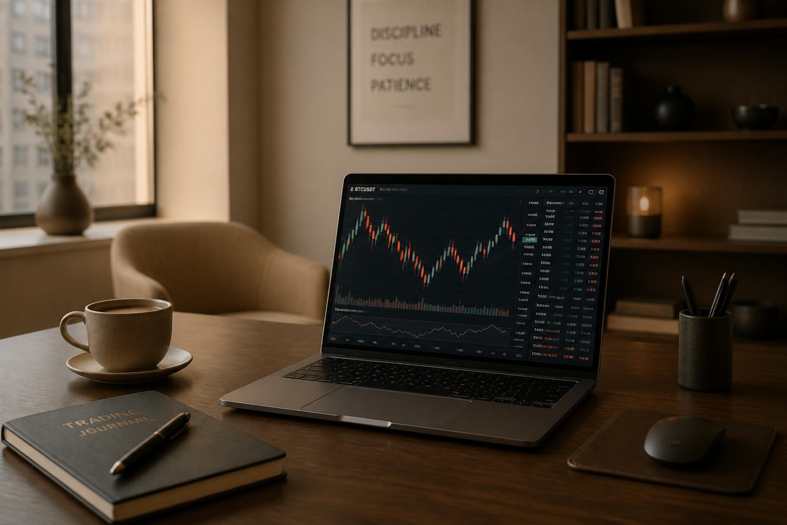 Escritorio de trading con gráficos de velas en tonos beis y café